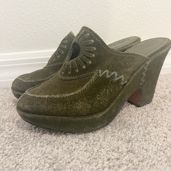 Frye Shoes - Frye Suede Clog Womens Green Sz 6 Ingrid Apron Leather Block High Heel Slip On